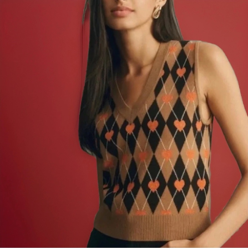 Maeve Brown and Orange V-Neck Sweater Vest Anthropologie tank top argyle brown